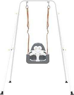 HAPPYMATY 3-in-1 Toddler Swing Set, Baby Swing with Safety Belt, Indoor/Outdoor, Easy to Assemble Kids Swing Seat with Sturdy Metal Stand for Playground, Backyard and Nursery, Gray White