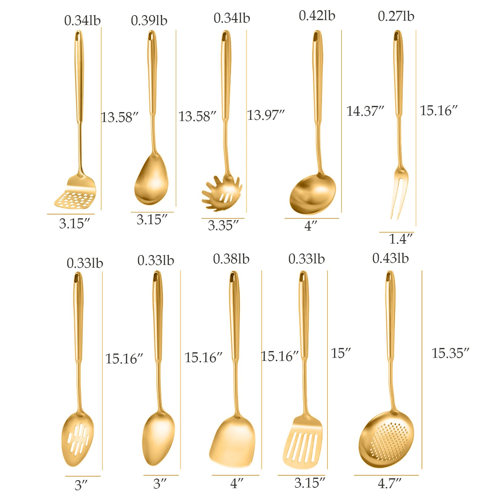 Set di utensili da cucina in acciaio inox, 10 pezzi, utensili da cucina dorati, schiacciapatate cucchiaio solido scanalato cucchiaio forchetta spatola mestolo schiumarola spatola scanalata Tunner