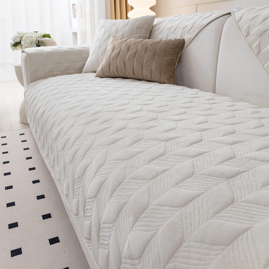 vctops Soft Velvet Sofa Couch Cover Leaves Quilted Sectional Couch Cover Non Slip Sofa Slipcover Furniture Protector for Dogs Pet Kids, 1 Piece/Not All Set (Off White,35"x47")
