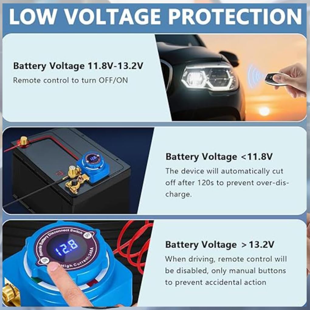 Interruptor de desconexión remota de batería con bajo consumo de energía y pantalla de visualización de voltaje en tiempo real. 12 V. Vehículos, casas rodantes, Gris claro