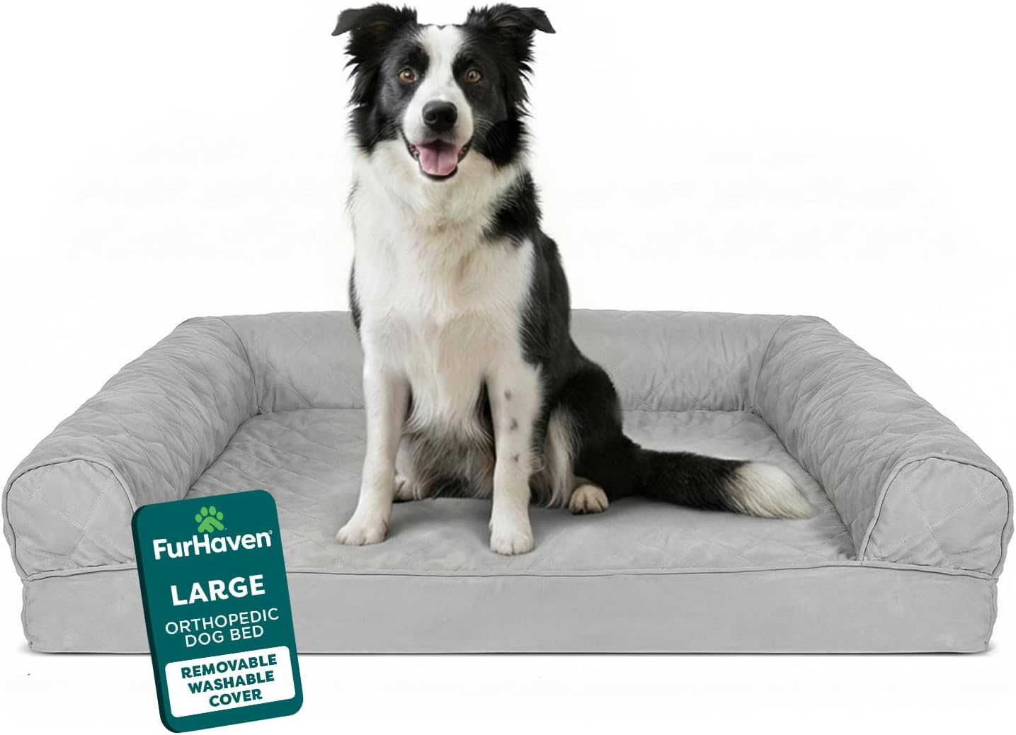 Furhaven Polyester Pet Quilted Orthopedic Sofa Pet Bed, Silver Gray, Large, dogs and cat