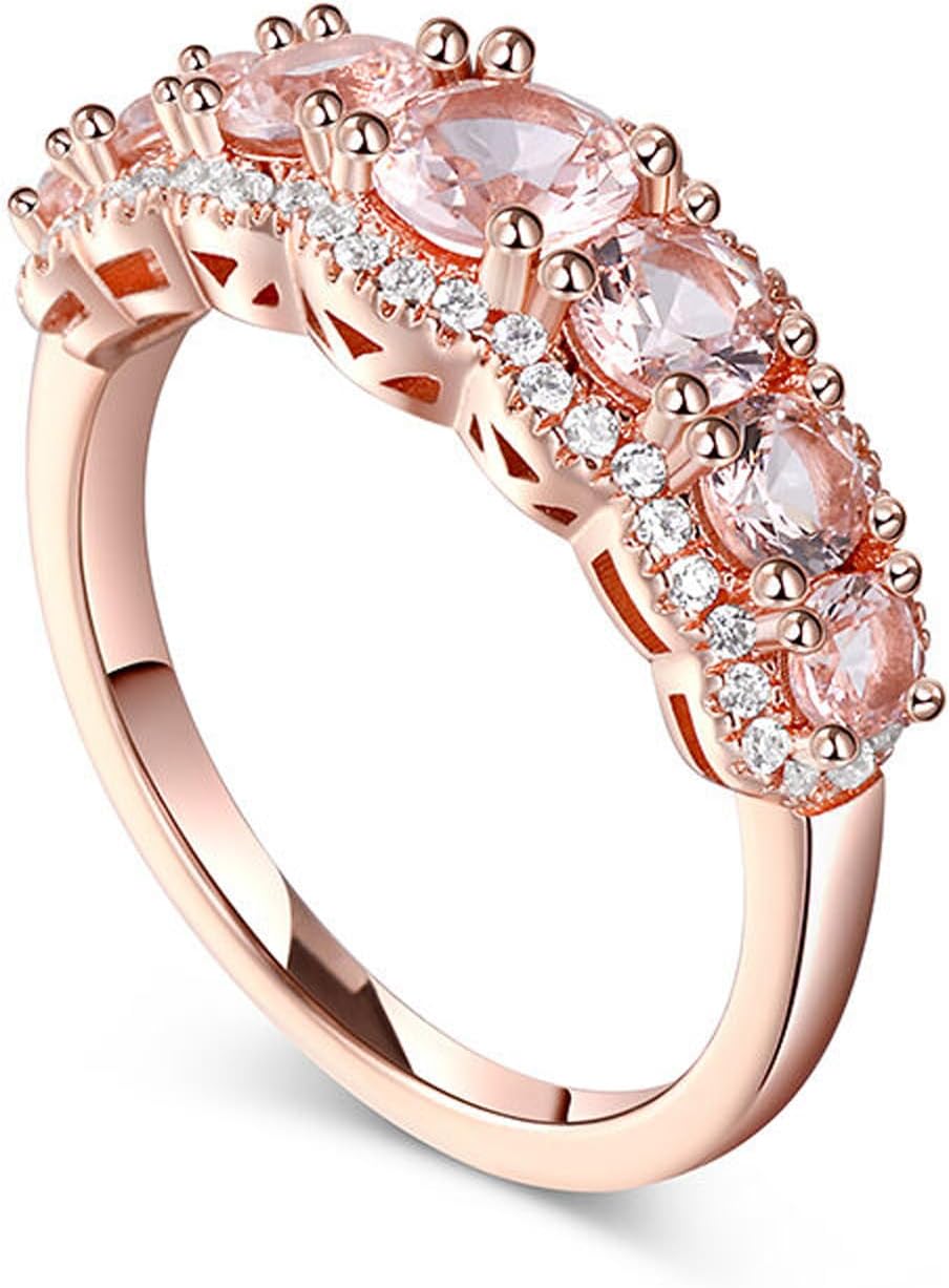 Jeulia Eternity Ring Wedding Band for Women, 3.68 ct 18K Rose Gold Plated Rings 7 Stones Stackable Engagement Band Ring Morganite Promise Valentine's Day Bridal Set Jewelry with Gift Box