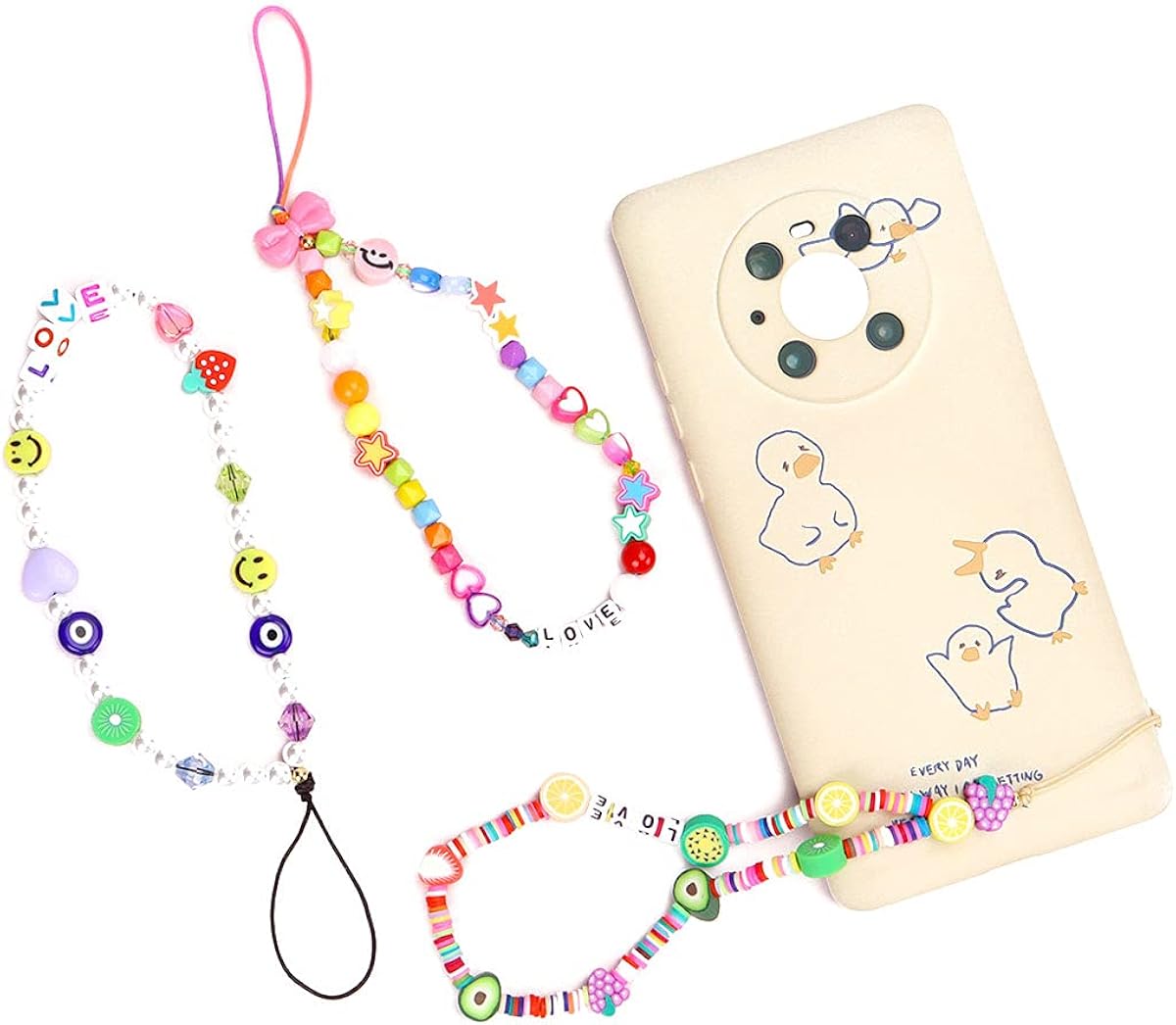 Beaded Phone Strap, 3 Pack Colorful Clay Fruit Smiley Bead with Anti