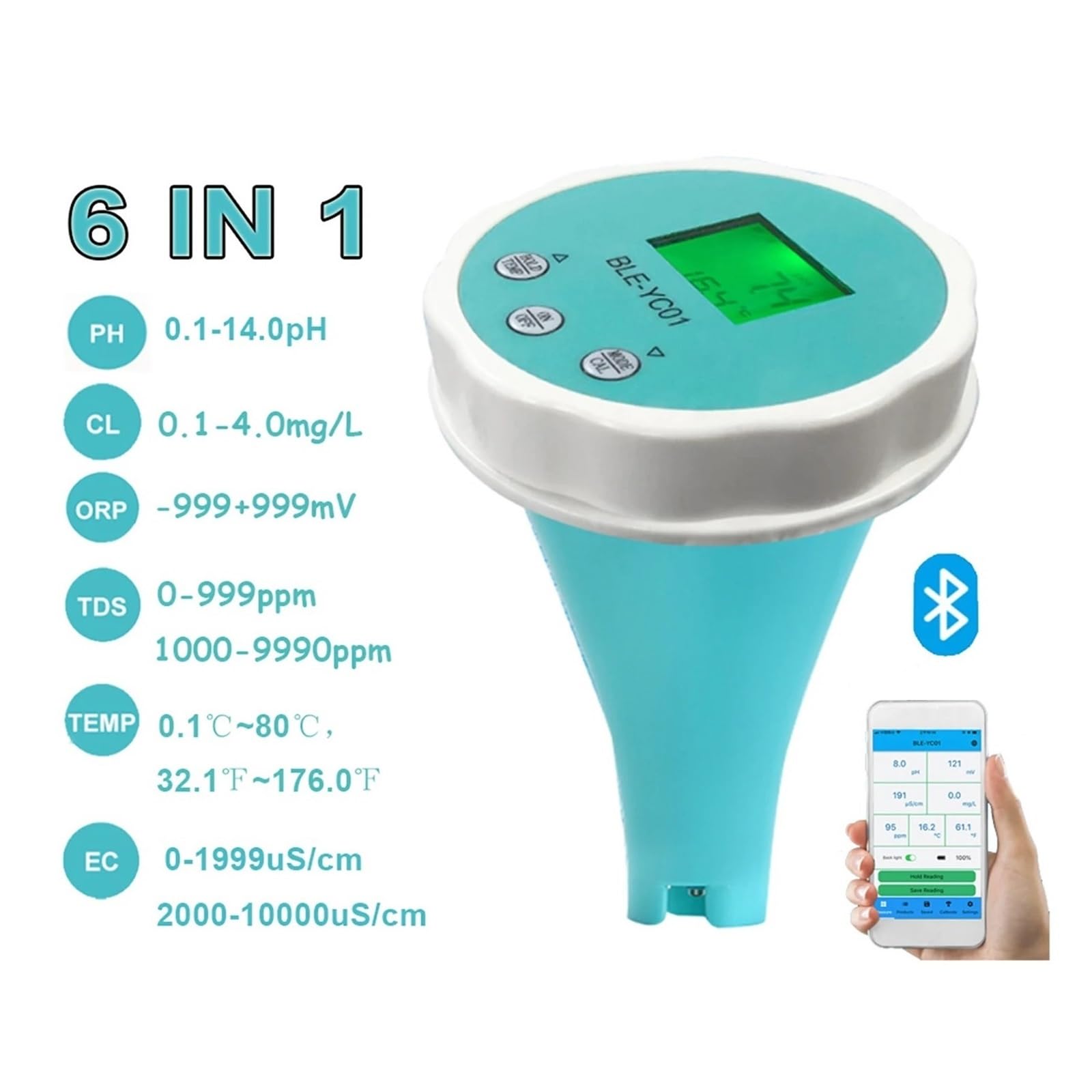 Detektor Jakości Wody 6w1 PH EC TDS ORP CL Kalibracja Temperatury Tester Chlorowej APP Online Monitor Do Basenu Szybkie I DokłAdne Wykrywanie