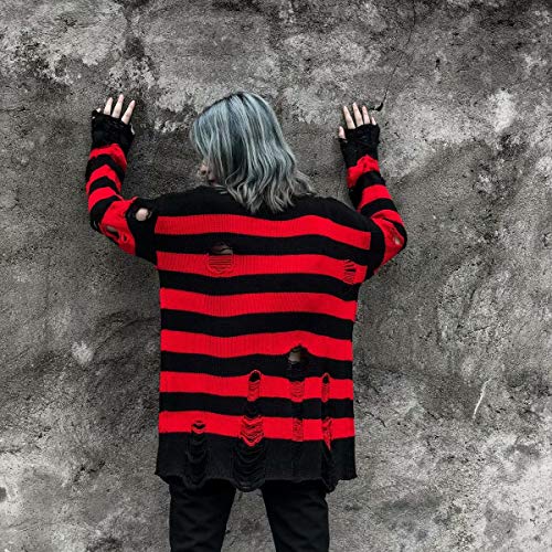 Black Red Striped Sweaters Men Oversized Ripped Hole Knit Pullover Autumn Winter Fashion Long Sleeve Clothing4