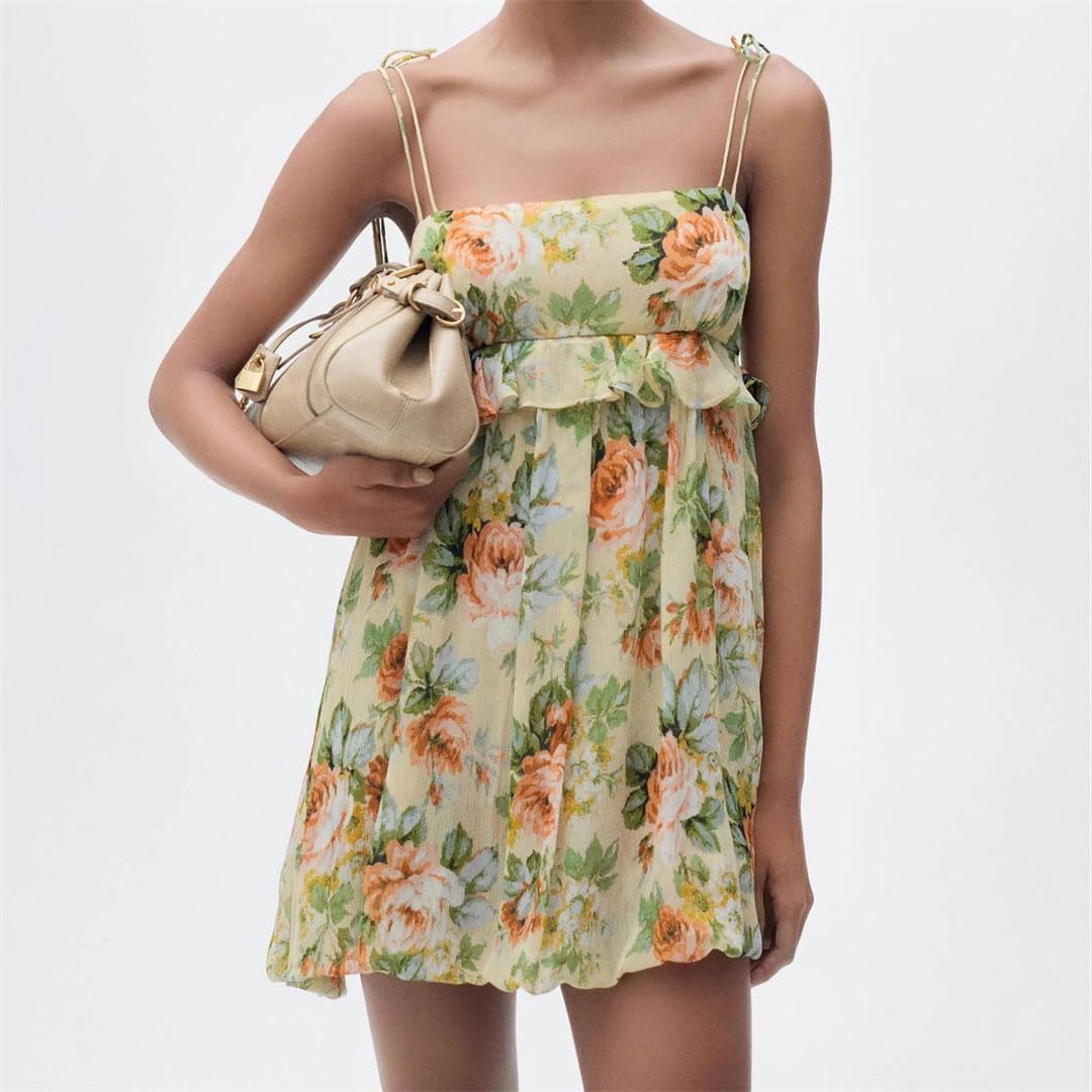 Women Floral Print Square Neck High Waist Ruffle Trim Spaghetti Strap Backless A Line Mini Dress