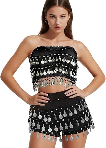 Womens 2 Piece Belly Dance Hip Scarves Belly Dance Top and Skirt Set Dancing Silver Coins Skirts for Halloween