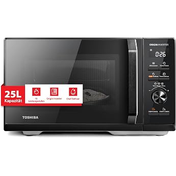 Toshiba MW3-AM25PFIBK Solo Microwave 25L 900W Microwave Oven in Black with Origin Inverter Chef Defrost 10 Power Levels 7 Auto Menus Easy Clean