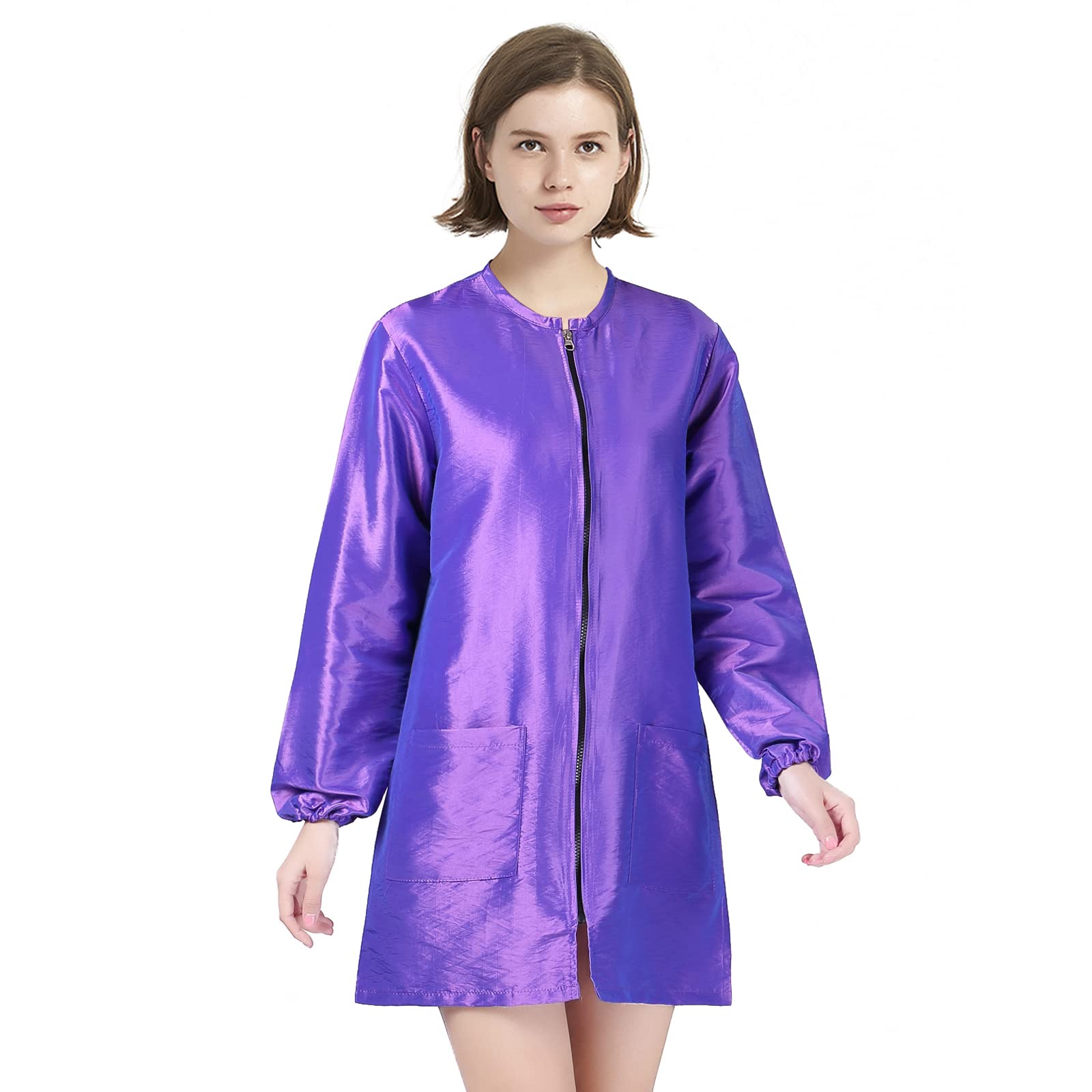 TOPTIE Satin Long Sleeve Smock Haircut Cape Jacket for Hair Grooming-Purple-M