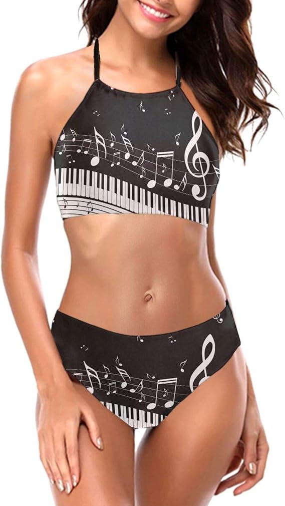 Amazon Co Jp ビキニピアノ 音符 黒 レトロ ホルタービキニ レディース 可愛い水着 女性 セクシー マイクロ 海水浴 バスト モノトーン 大きいサイズ バンドゥ ホワイト ブラック ビキニ 肌触り良い水着 綺麗な花柄 ファッション