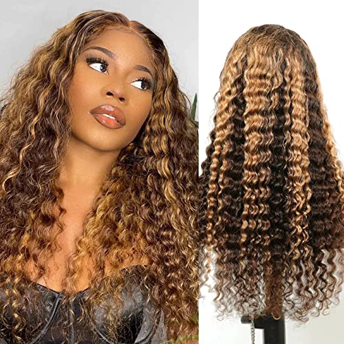ISEE Hair Transparent Lace Front Wigs Human Hair Deep Wave Wigs 150% Density Deep Curly 13X4 Lace Frontal Human Hair Wigs for Black Women Pre Plucked (26 Inches, Honey Blonde Highlights)