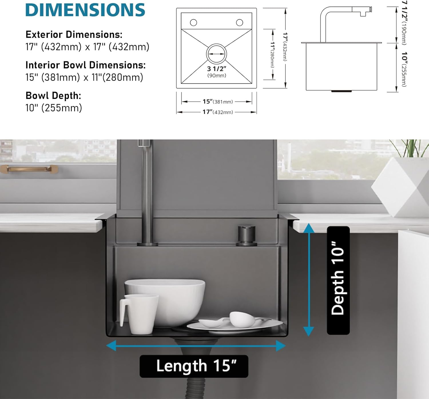 Lefton RV Kitchen Sink, 17 x 17 x 10 Inch Stainless Steel Single Bowl Drop-in Bar Sink with Liftable Pull-out Faucet for Small Kitchen Island, BS2502