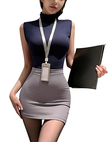Women's Sexy Secretary Uniform Lure Costume Office Lady Cosplay Tank Top and Mini Skirt Set With Badge and Open Stockings - Medium-Large - Blue