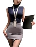 Women's Sexy Secretary Uniform Lure Costume Office Lady Cosplay Tank Top and Mini Skirt Set With Badge and Open Stockings