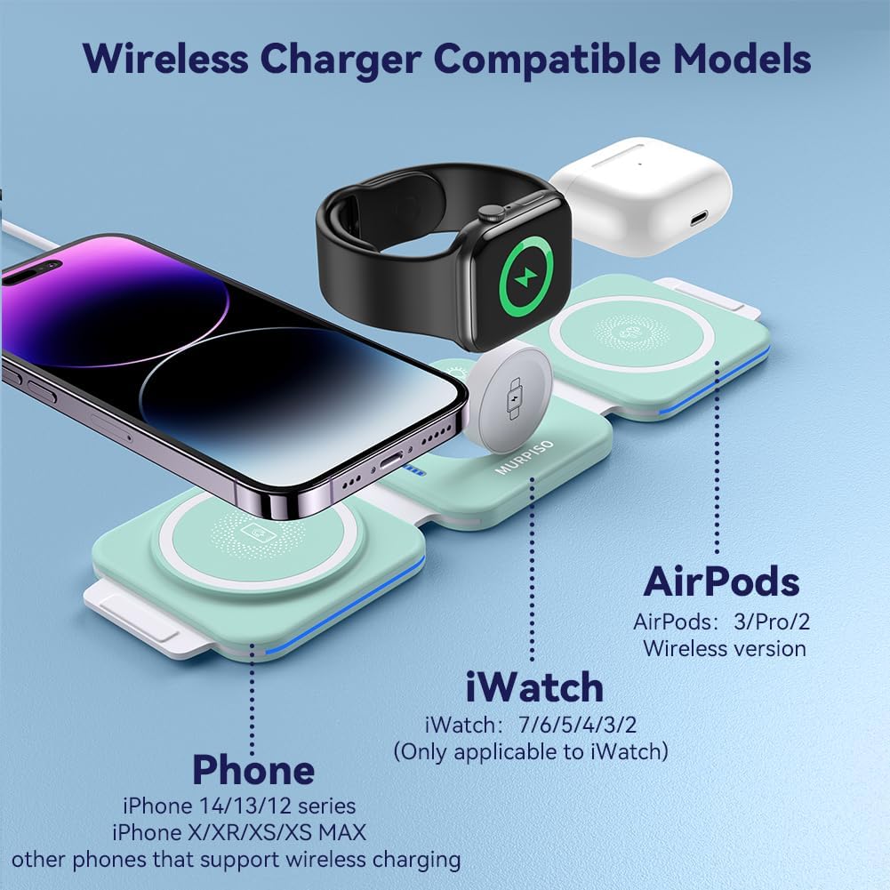 3 in 1 Magnetic Foldable Wireless Charger,Folding Wireless Charging Station for Travel,Wireless Charging Pad Compatible with iPhone 14 13 12,AirPods 3/2/Pro,iWatch 7/6/5/4/3/2