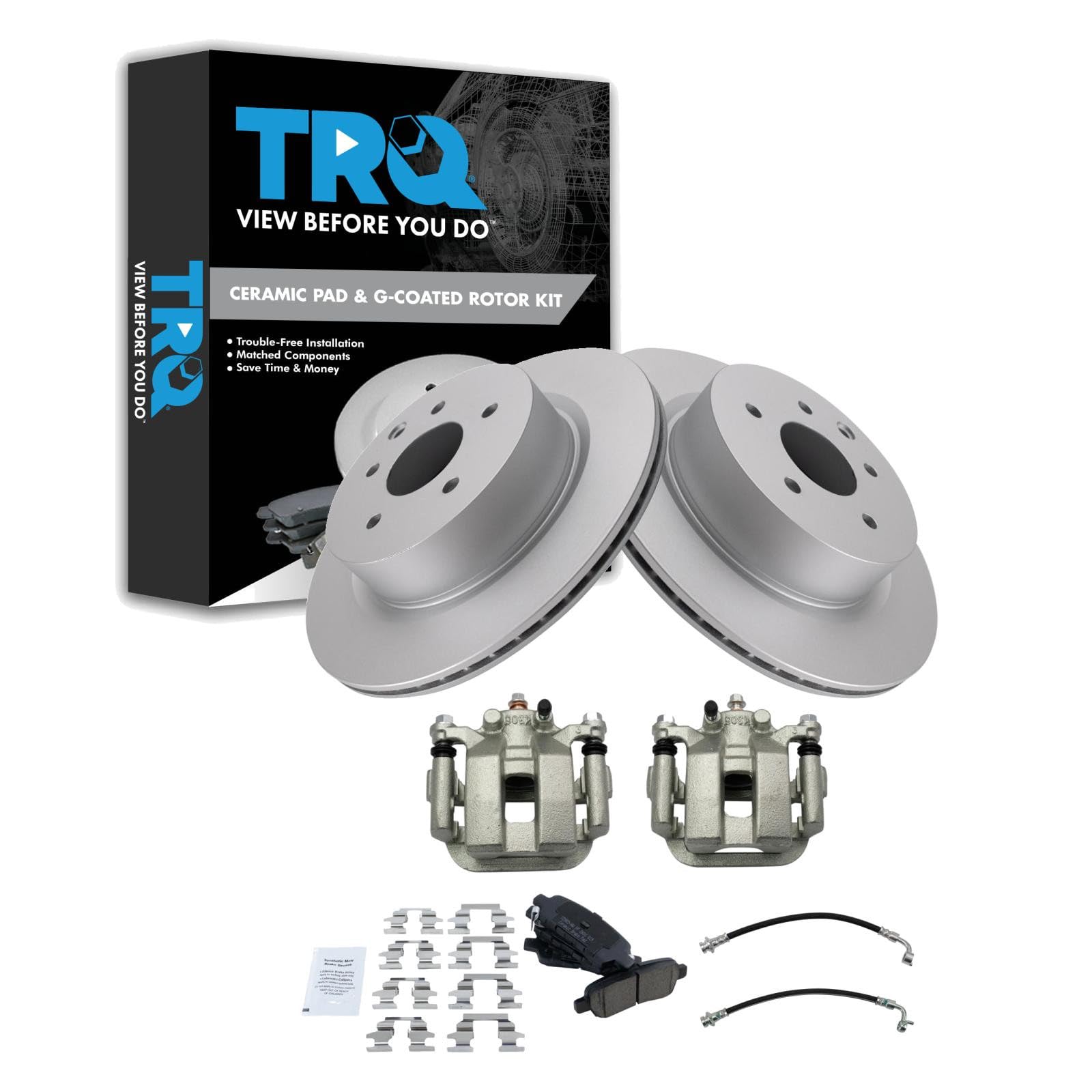 TRQ Rear Brake Pad and Rotor Set Ceramic Coated Rotors Calipers Compatible with 2005 Infiniti G35 Nissan 350Z