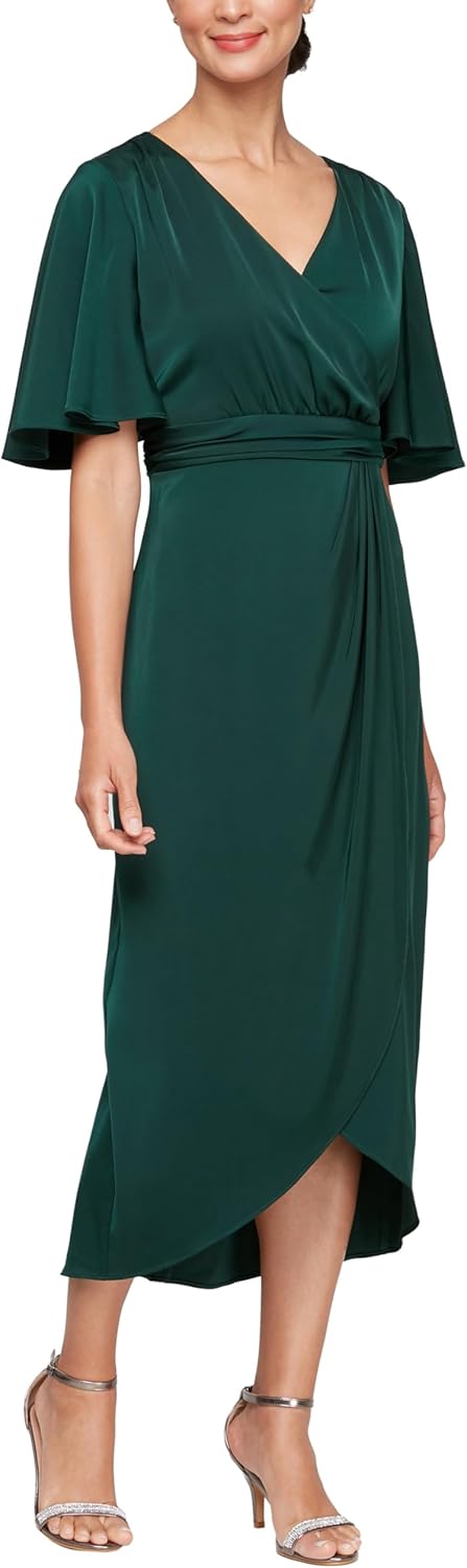 S.L. Fashions Women's Surplice Neck Midi Wedding Guest Dress with Flutter Sleeves (Petite & Regular Sizes)