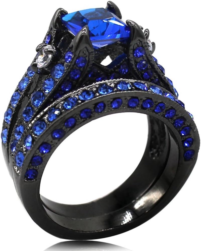 Black Blue Princess Cut Cubic Zirconia Wedding Ring Set
