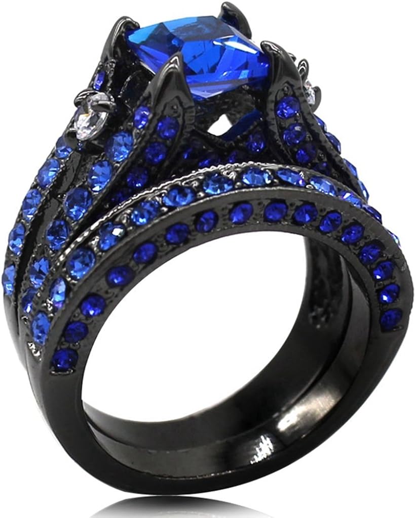 Black Blue Princess Cut Cubic Zirconia Wedding Ring Set