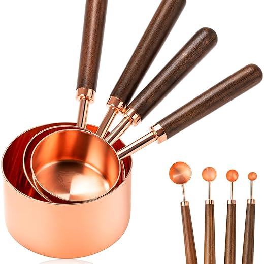 THW? Measuring Cups and Spoons Set of 8 | Stainless Steel with Wood Handle | Copper Polished Finish | Baking Tools for Dry & Liquid Ingredients | Perfect for Cooking & Baking