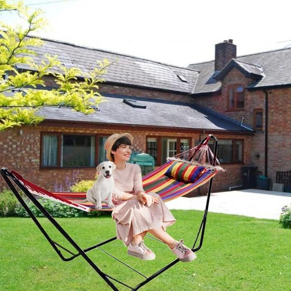 Hammock with Stand, Double Cotton Hammock with Space Saving Metal Steel Frame for Outdoor Indoor Garden Camping Hammocks with Portable Carrying Bag and Accessories