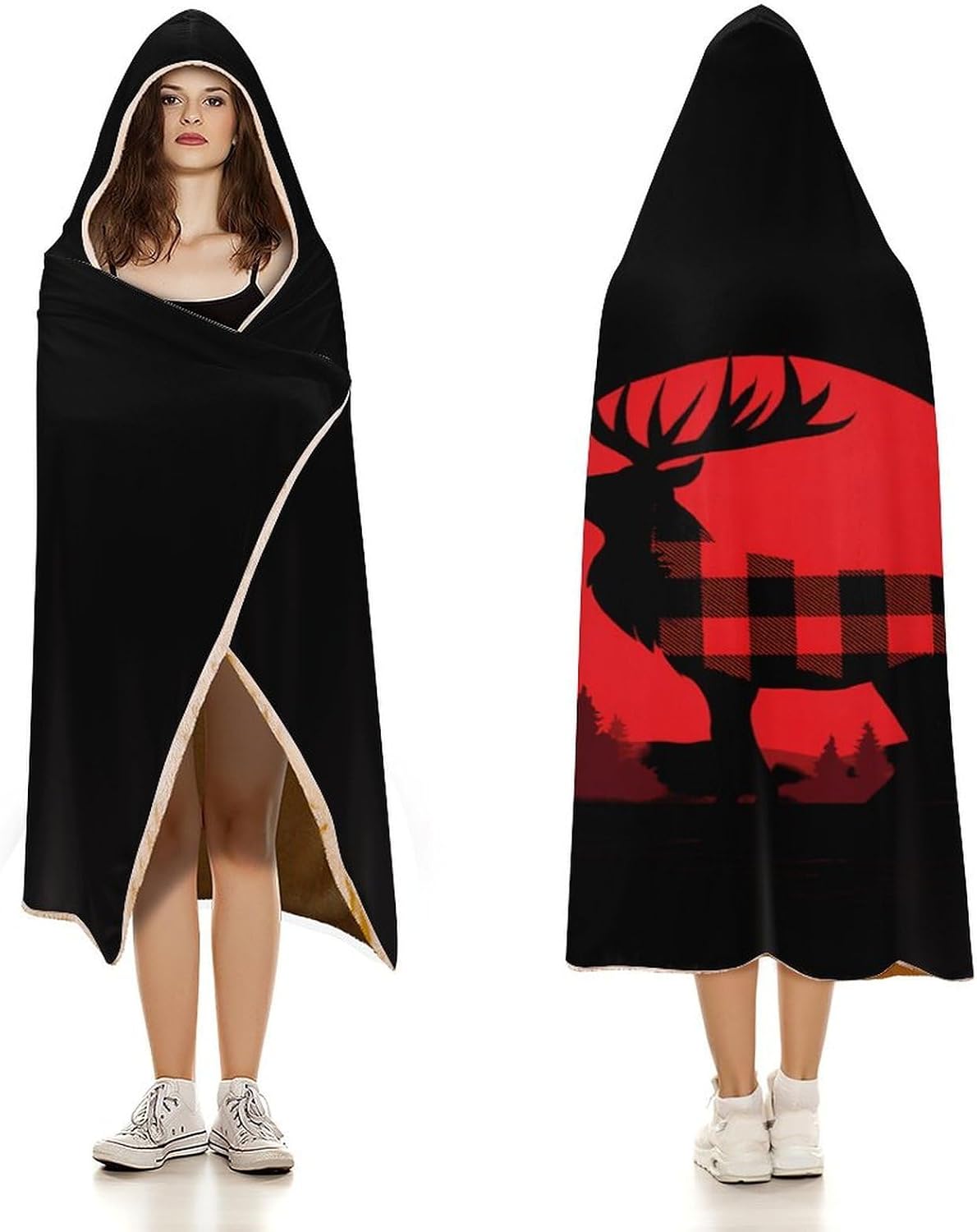 Buffalo Plaid Deer Wearable Blanket Oversized Throw Cape | Cozy Hooded Blanket Gifts for Women Men