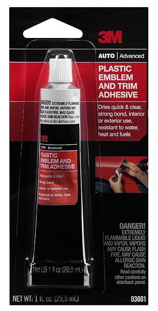 3M Plastic Emblem & Trim Adhesive (03601), 1 fl oz Tube Clear-Drying Auto Glue for Plastic and Metal Trim, Emblems, Moldings, Interior or Exterior Use, Quick-Setting, Weather-Resistant Adhesive