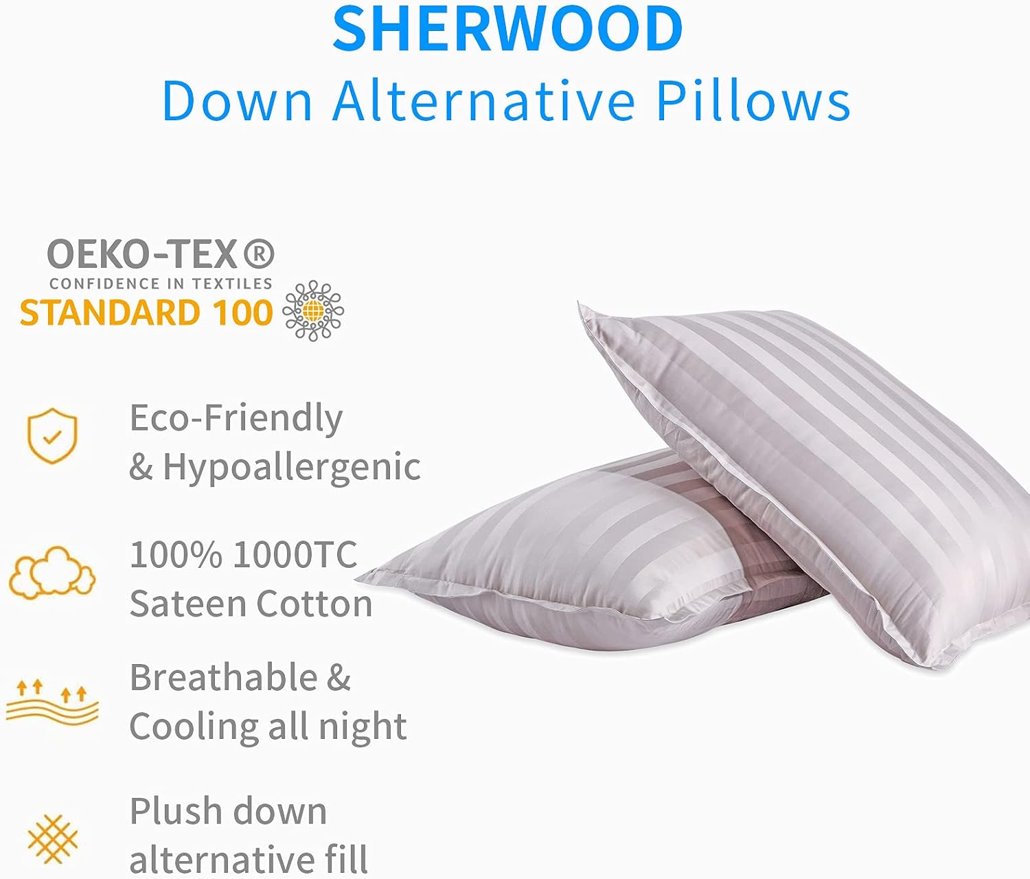 Sherwood Hotel Collection Pillows (2-Pack) - Luxury Down Alternative Soft Sleeping Pillow - 1000TC Cotton Cover (Oyster Grey, Queen)