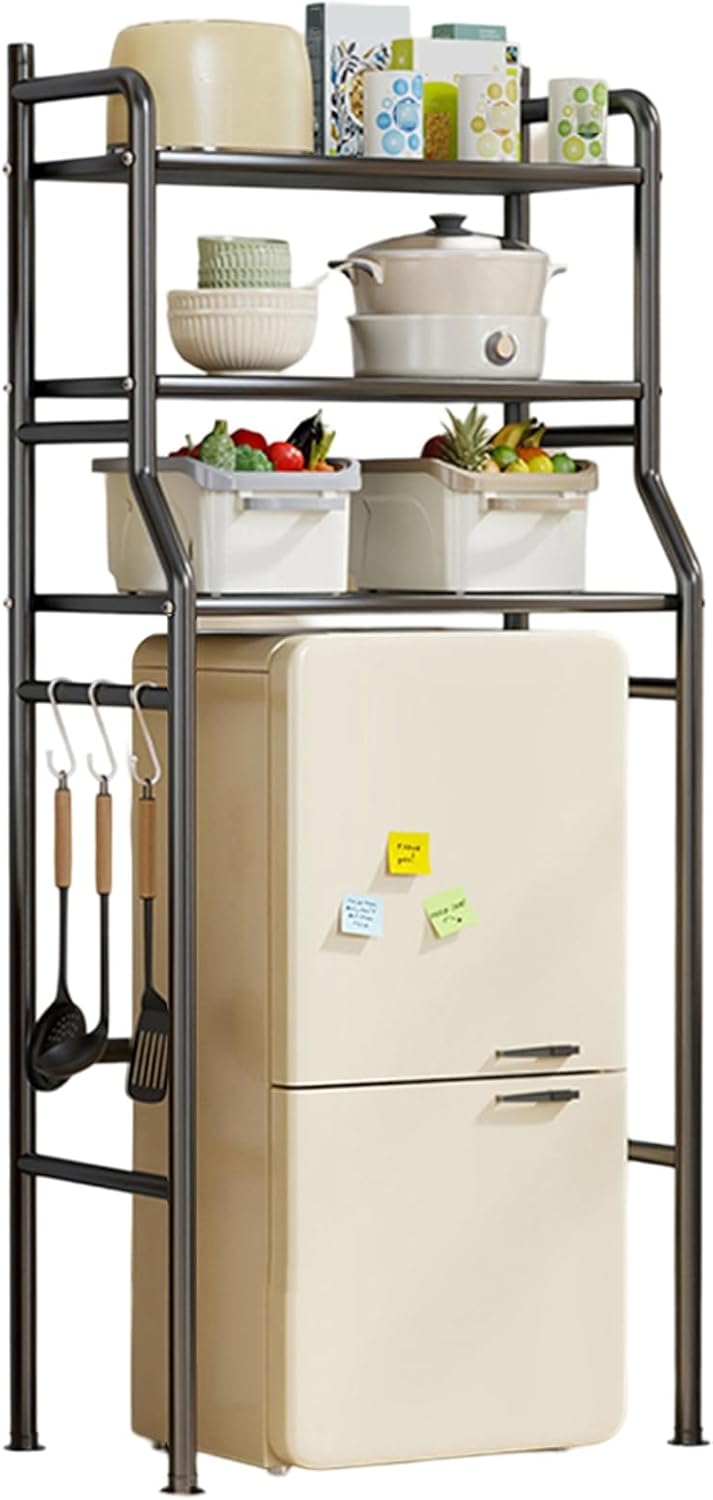 4-Tier Mini Fridge Stand with Storage, Metal Large Capacity Microwave Oven Stand with S-Hooks, Bakers Rack, Freestadning Kitchen Storage Shelf for Home Office Dorm Space Saving, Black(White)