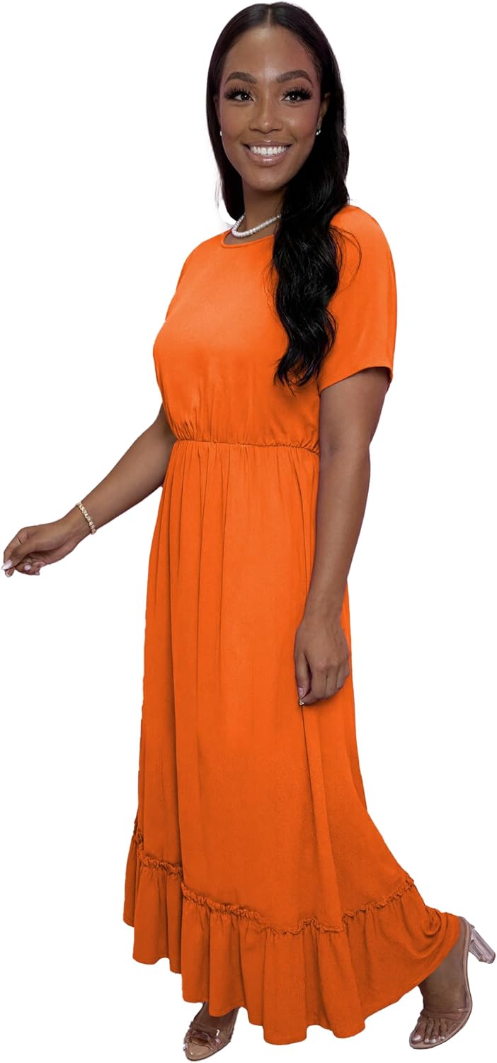 TOPSRANI Maxi Dresses for Women Short Sleeve Crewneck Casual Loose Smocked Ruffle Flowy Summer Sundresses with Pockets - Image 3