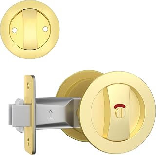 Round Pocket Door Lock with Color Coded Indicators， Brushed Gold Flush Pocket Door Hardware Privacy Pocket Door Latch for Bed/Study/Bath Room（Fits 1 3/8” to 2 3/16” Thickness Door，2-3/8" Backset）