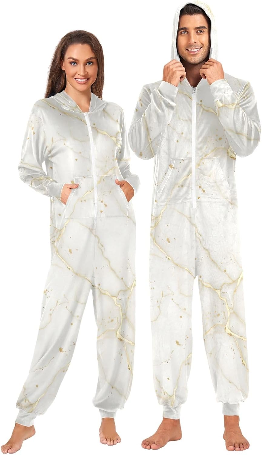 White Marble Elegant Adult Onesie Pajamas, Ultra Soft Hooded Jumpsuit for Men Women, Full Zip Loungewear Sleepwear