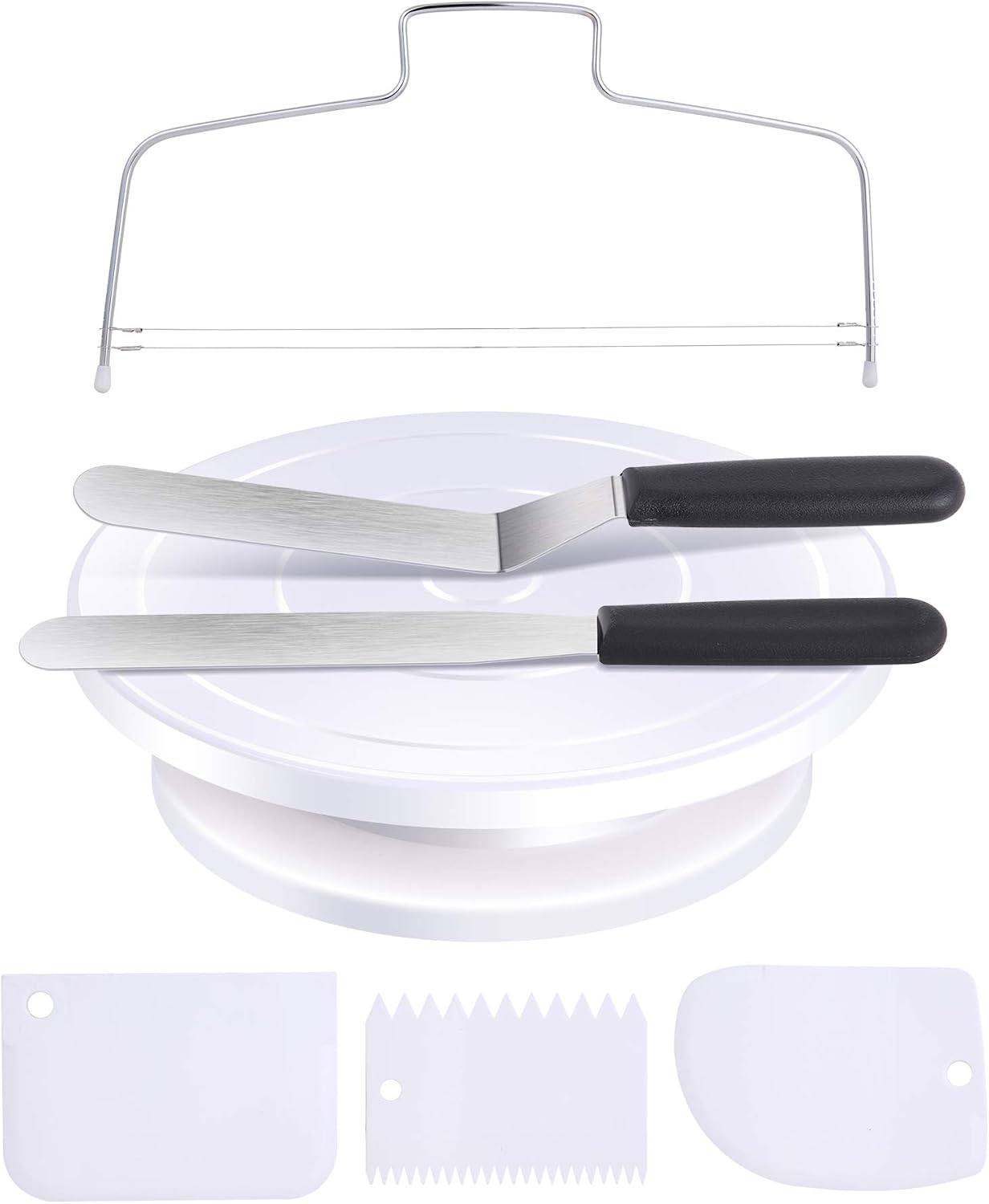 Cake Turntable for Decorating, Ohuhu Cake Decorating Tools, Rotating Cake Stand with 2 Icing Spatula, 3 Icing Smoother and Cake Leveler, Turns Smoothly for Cake Decorations, White (10 inch)