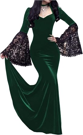 Velvet Gothic Dress for Women Sexy Vampire Dresses with Bell Sleeves Goth Vintage Halloween Costume Long Dress