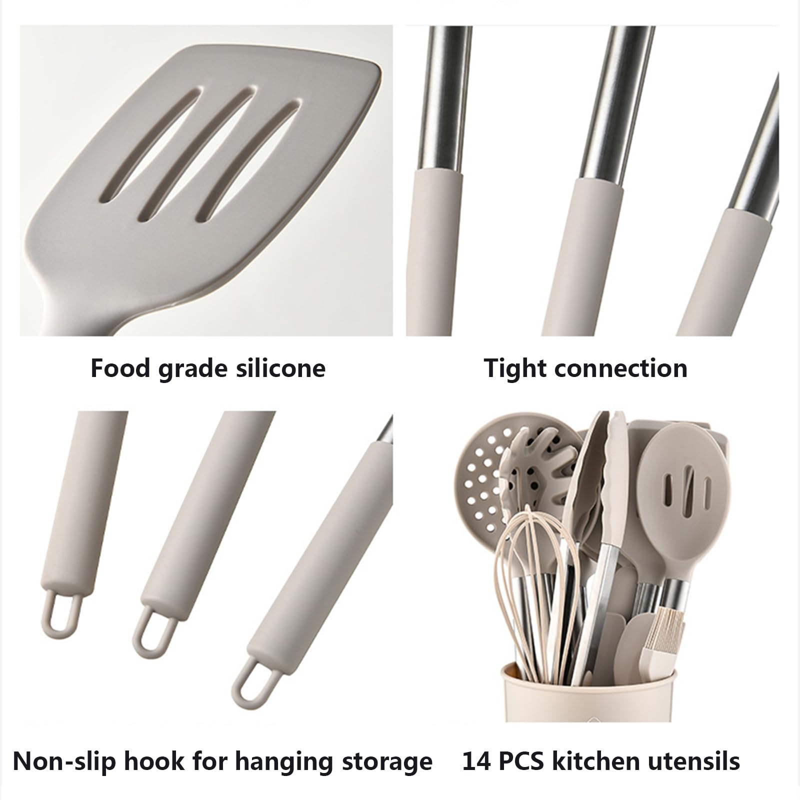 Silikon-Kochutensilien-Set, ungiftig, hitzebeständig, spülmaschinenfest mit Edelstahlgriffen, Küchenhelfer-Set mit Halter für antihaftbeschichtetes Kochgeschirr