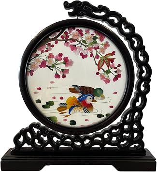 Chinese Silk Artworks,Handmade Double Sided Silk Embroidery Art Painting Desk Decorations 12.5" inches Tall, Affectionate Couples