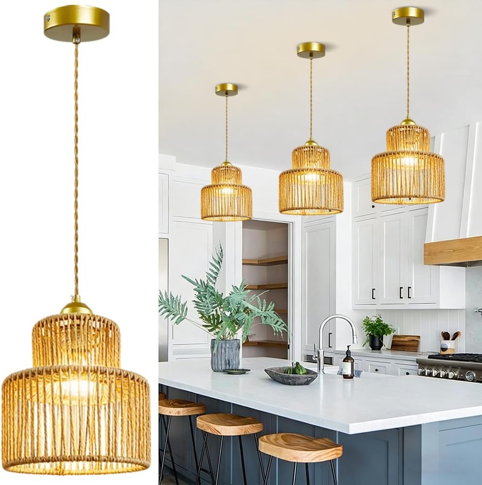 7.9″ Rattan Pendant Light Fixture Boho Woven Chandelier Ceiling Pendant Light Round Adjustable Hanging Lamp for Dining Room Kitchen Island Hallway Bedroom