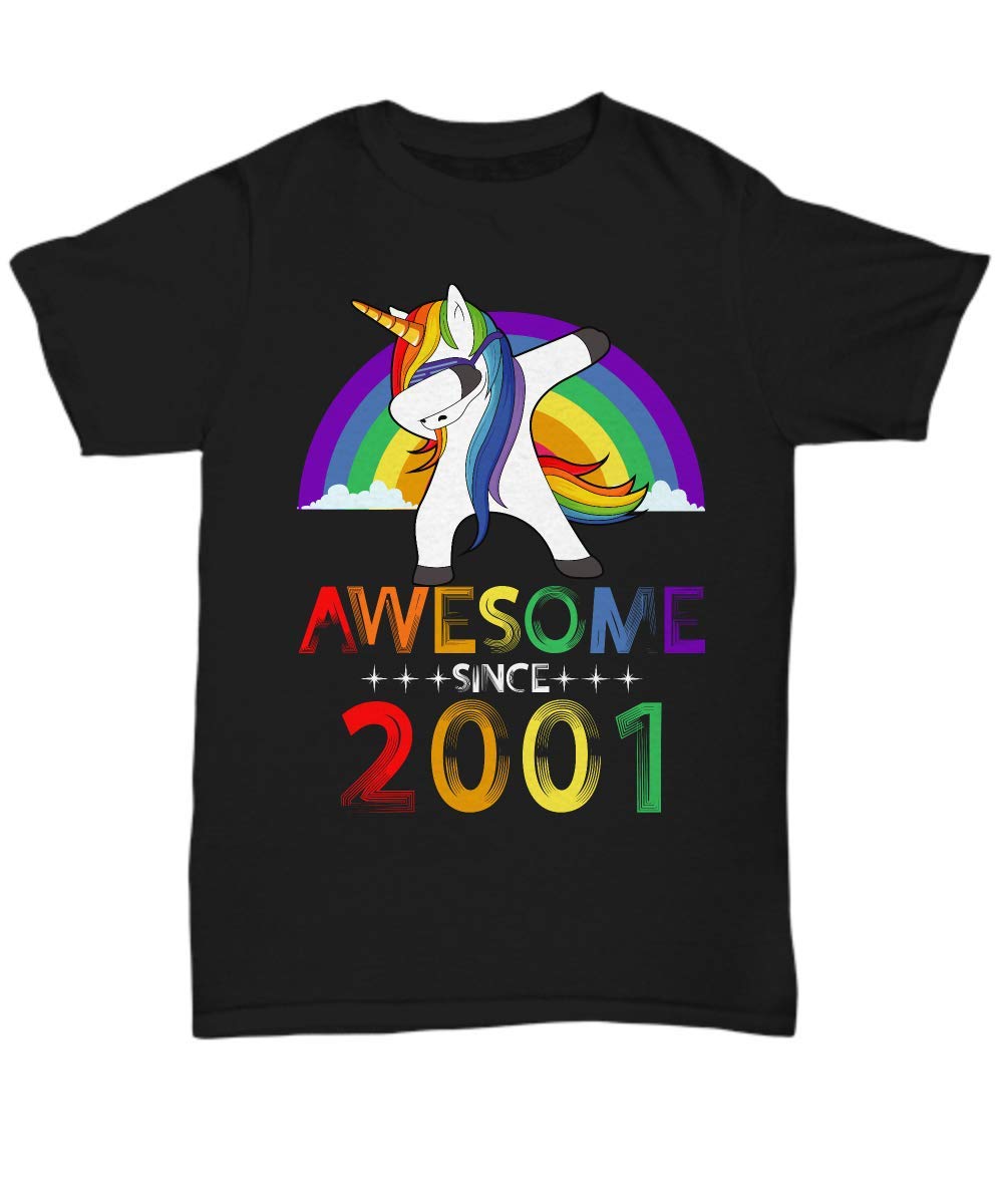 Unicorn Dabbing Rainbow Awesome Since 2001 Tshirt - Black Unisex Tee Gift P1