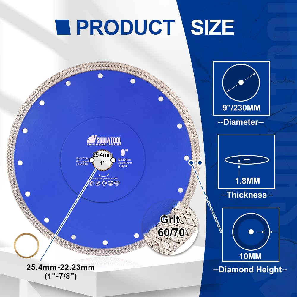 SHDIATOOL Disco da Taglio al Diamante 230mm con Maglia Turbo X per Piastrelle, Marmo, Granito, Ceramica (9 Pollici)