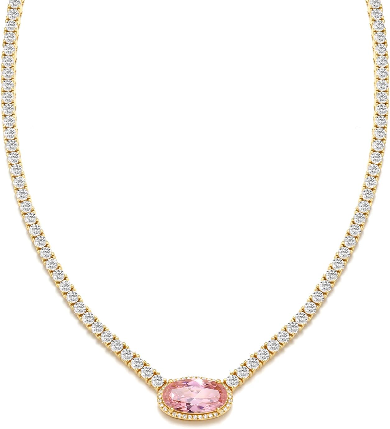 BREN Pendant Tennis Necklace for Women Men, 3mm 4 Prong 18K White/Yellow Gold Plated 16/18 inches Oval Cut Pink Pendant Cubic Zirconia Dainty Chain Jewelry Gift