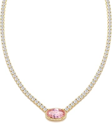 BREN Pendant Tennis Necklace for Women Men, 3mm 4 Prong 18K White/Yellow Gold Plated 16/18 inches Oval Cut Pink Pendant Cubic Zirconia Dainty Chain Jewelry Gift