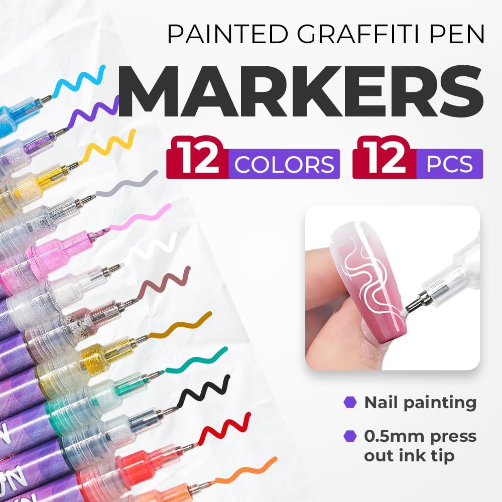 12 Colors Nail Art Pens Set, 0.5 MM DIY Nail Polish Markers Pens, Waterproof Acrylic Point Liner Set, Graffiti Dotting Pen, Manicure Tools Beauty Painting Kit for Home Salon