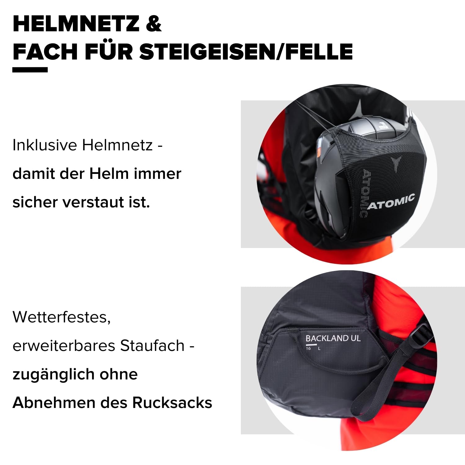 Atomic Backland UL 16+ - 16-20L Skitourenrucksack - Fächer für Lawinenausrüstung, Felle & Steigeisen - Schnellbefestigung für Ski - Ideal für schnelle Touren