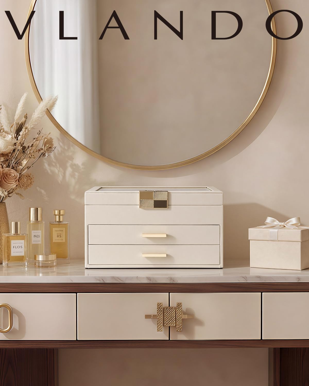 VLANDO Jewelry Box Organizer for Women, 3-Layer Jewelry Storage Case with Glass Lid, Gold Handle, 2 Drawers for Rings, Earrings, Necklaces and Bracelets - Cloud White