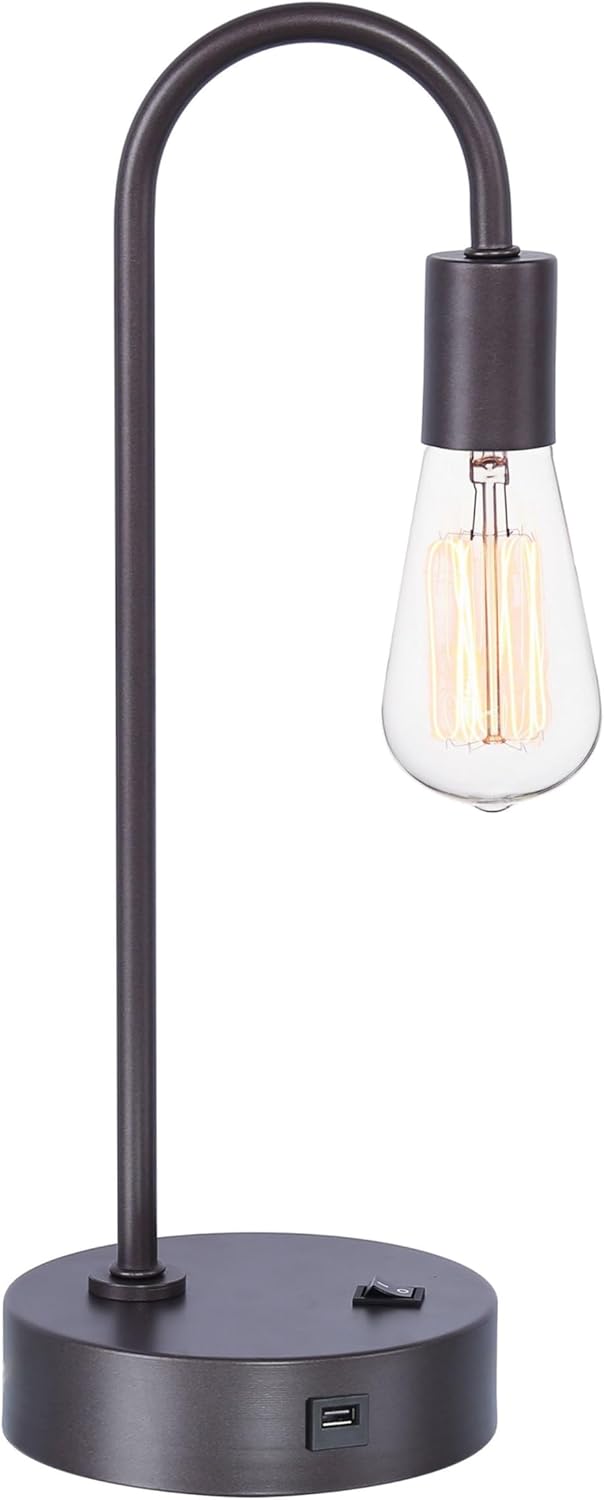 Grandview Gallery 17" Minimalist Slate Gray Industrial Desk Lamp ft. Built-in USB Port, Sleek Body, Exposed Bulb Design, and Convenient Rocker Switch - Perfect for The Home or Workplace