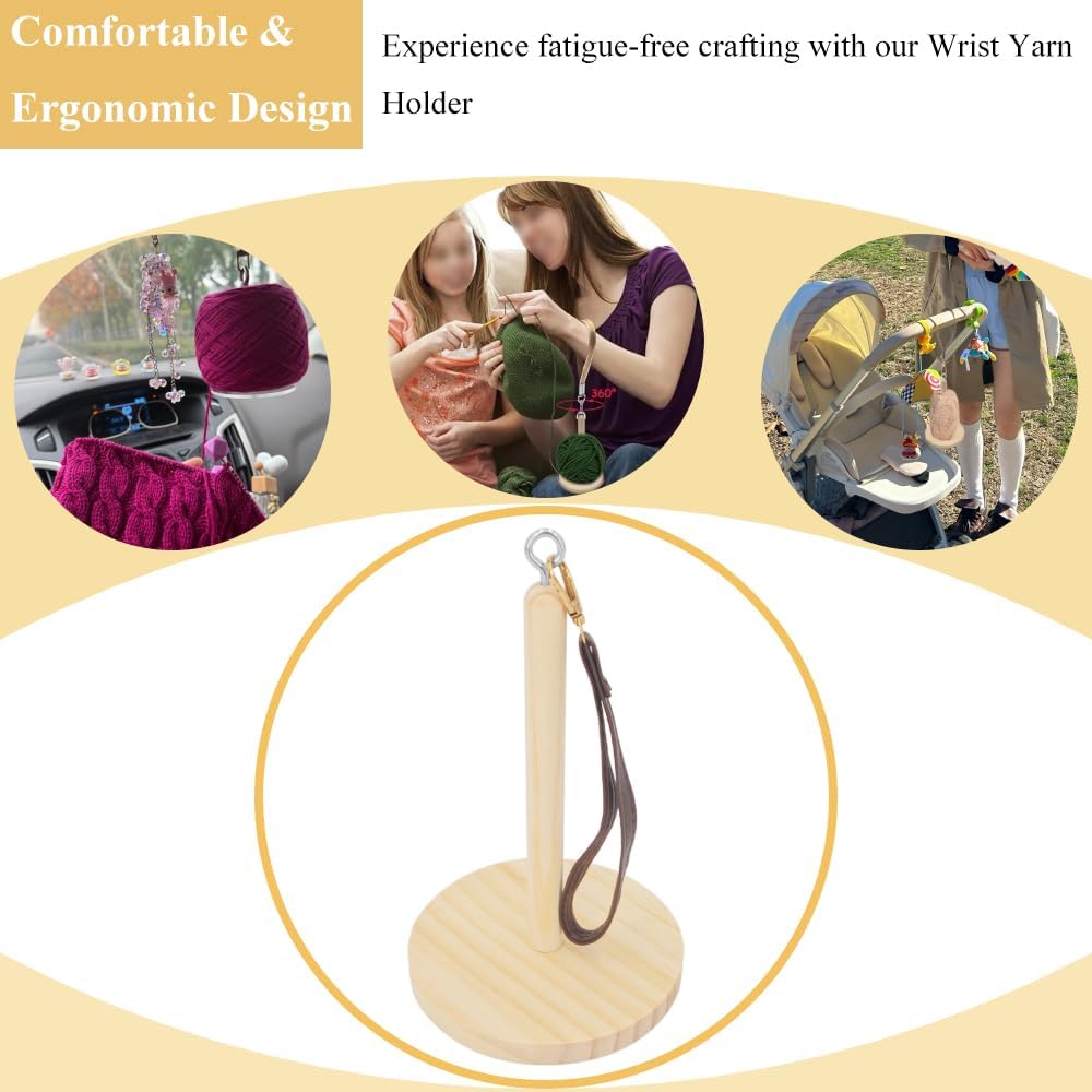 1 Set Wrist Yarn Holder Yarn Minder Spinner and Ball Minder Stand Wrist Hanging Yarn Dispenser with Leather Wristband 6.89 x 4.65 Inches Solid Wood Natural Finish Tangle Free Hands Free Portable