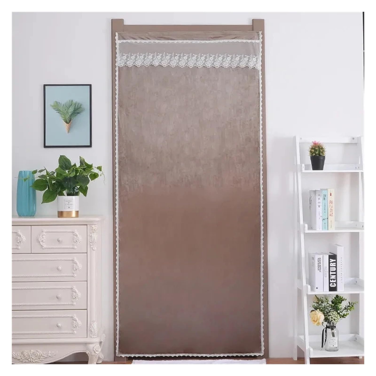 Rideau de porte isolant thermique et occultant marron sans perçage pour salon