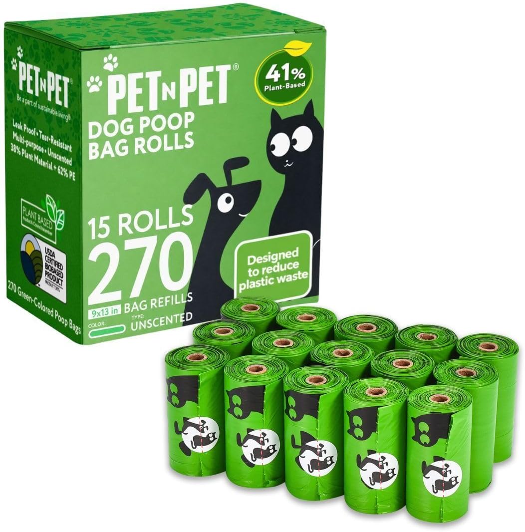 Pet N Pet Dog Poop Bags, Doggy Waste Bags, 270 Count Bulk Rolls, Green Unscented