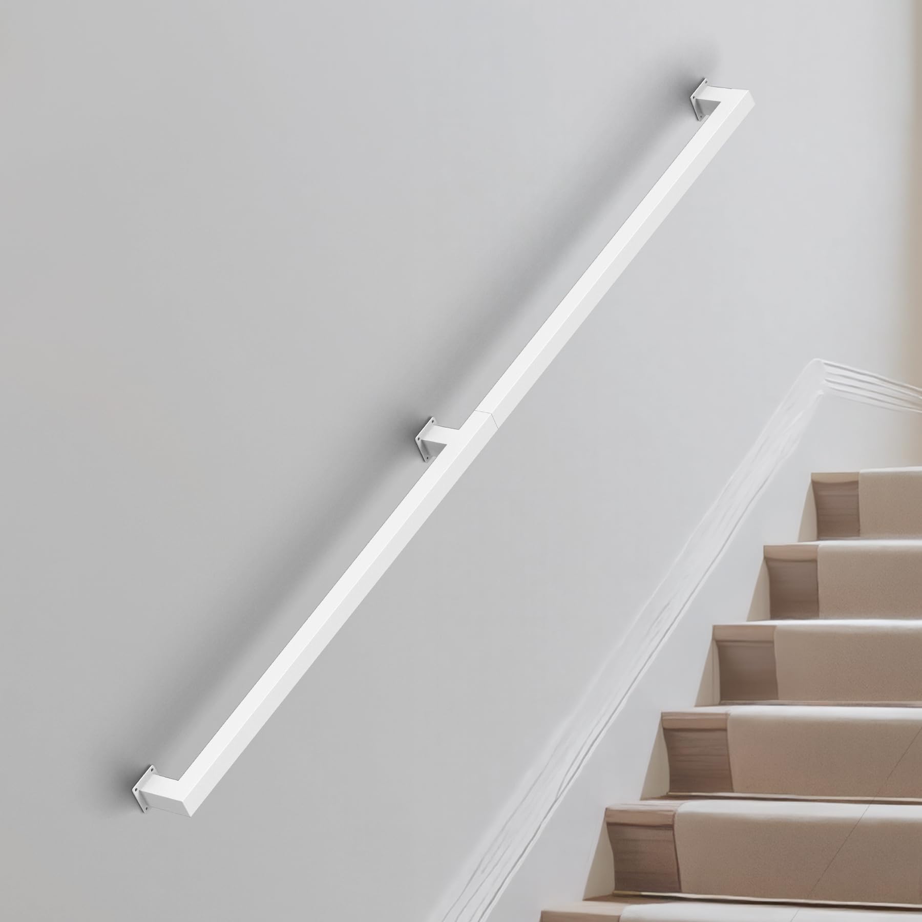 6FT/180CM Square Tube Handrail,Wall Mount Staircase Handrail Modern Pipe Stair Industrial Stair Rail for Indoor Outdoor Steps,440lbs Load,Carbon Steel Non-Slip Grab Handle for Loft Porch 3 Section — image 1