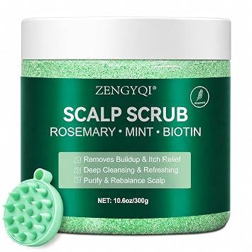 Scalp Scrub, Rosemary & Mint Oil & Biotin Scalp Exfoliator Scrub Shampoo with Silicone Cleansing Massager, Hair Treatment for Itchy Scalp, Dandruff & Buildup Removal & Thick and Strong Hair Growth